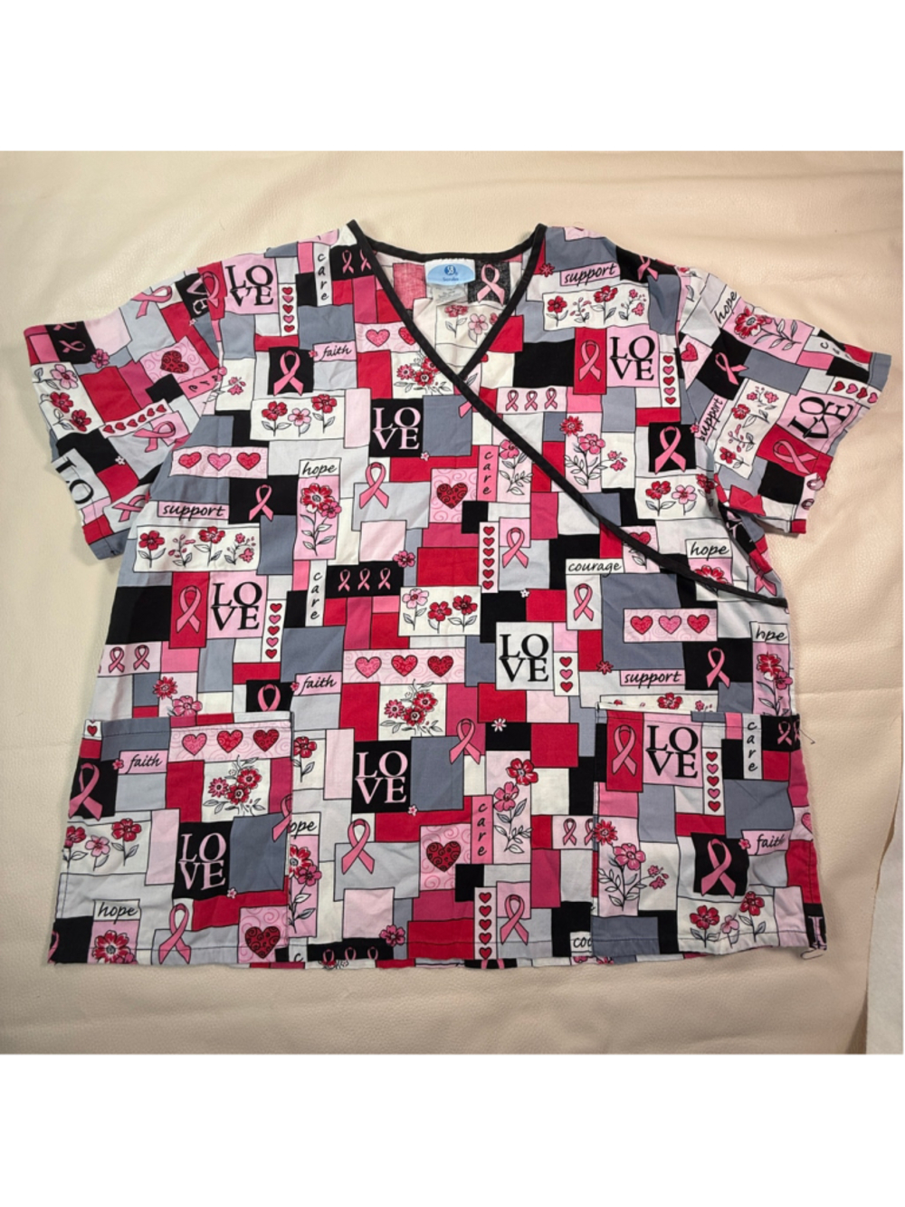 SB Scrubs XL Breast Cancer Awareness Pink Ribbon Floral Love Hope Scrub Top
